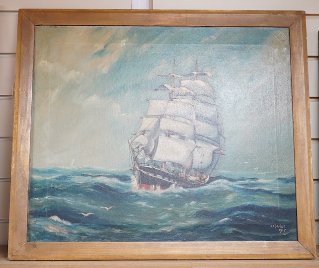 J. T. Banks (20th. C), maritime oil on canvas, Ship in full sail, signed and dated 1905, 50 x 60cm. Condition - fair, would benefit from a clean